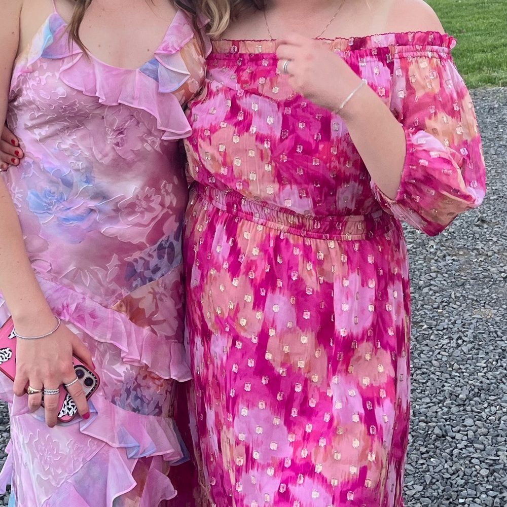 Pink off the shoulder LOFT dress with gold details